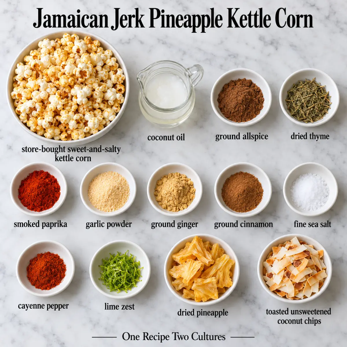 Jamaican Jerk Pineapple Kettle Corn ingredient card with ingredient names only on gray marble.