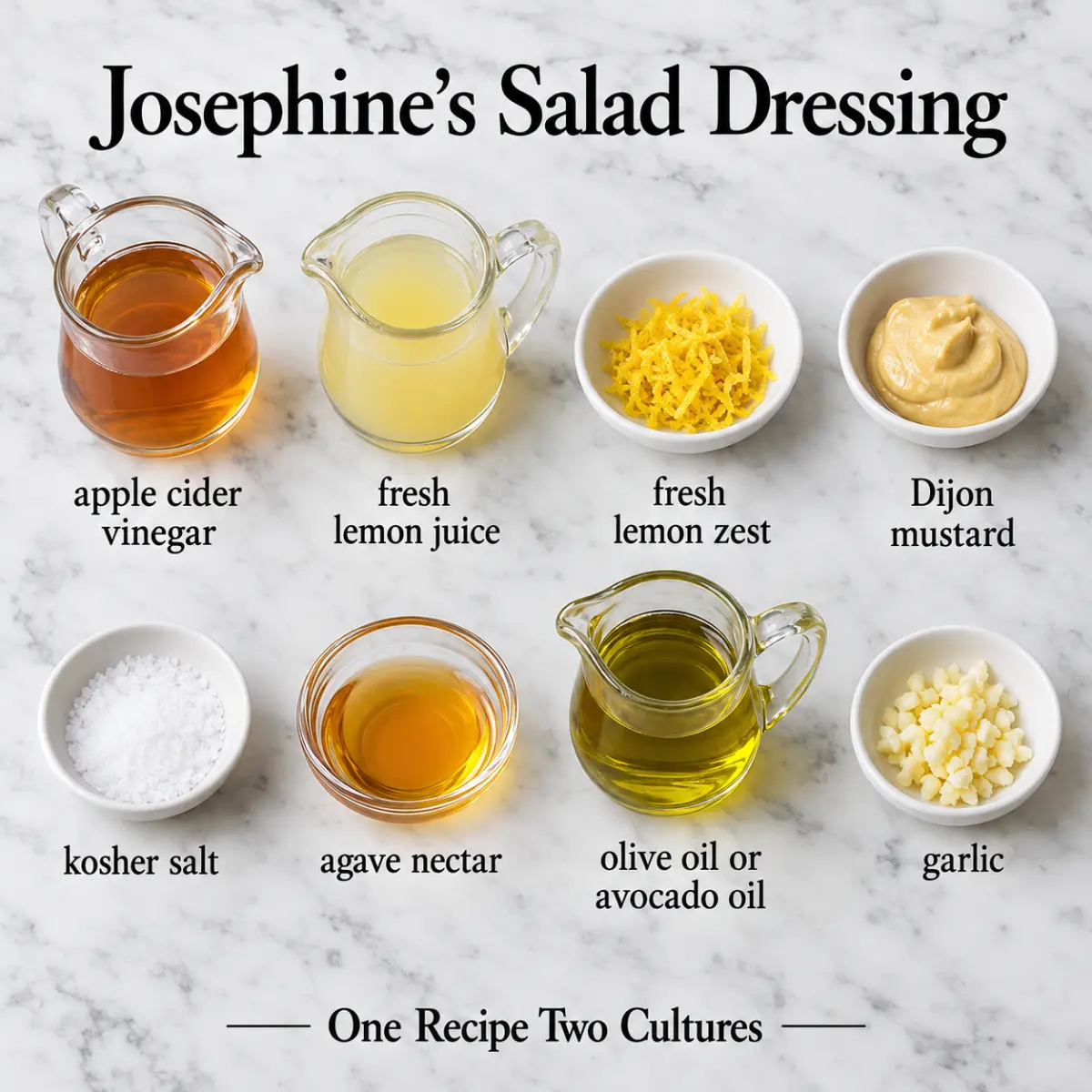 Josephine’s Salad Dressing ingredient card with ingredient names only on gray marble.