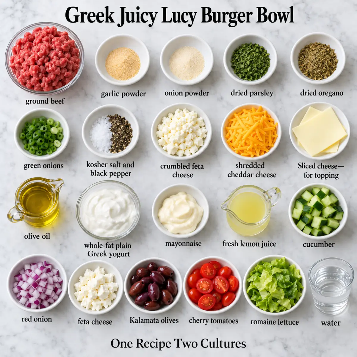 Greek Juicy Lucy Burger Bowl ingredient card with names only, including sliced cheese for topping and shredded cheddar cheese.