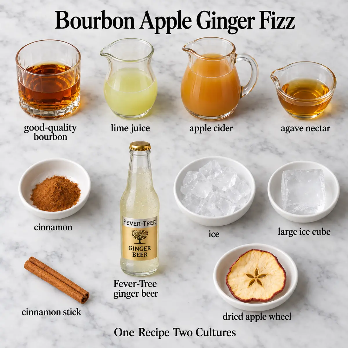 Bourbon Apple Ginger Fizz ingredient card with ingredient names only on gray marble.