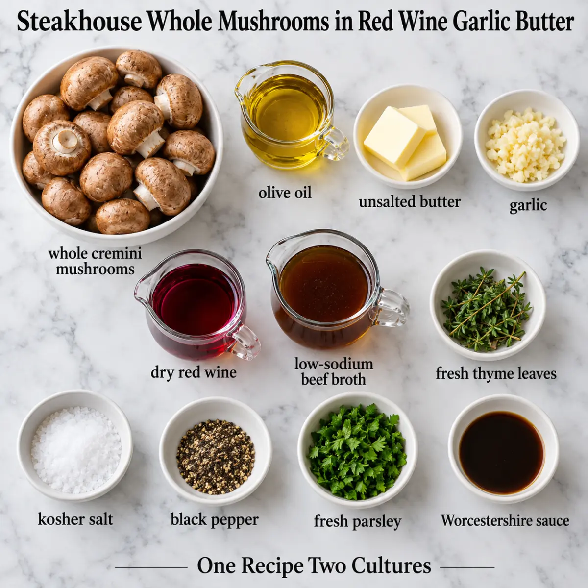 Steakhouse Whole Mushrooms in Red Wine Garlic Butter ingredient card with ingredient names only on gray marble.