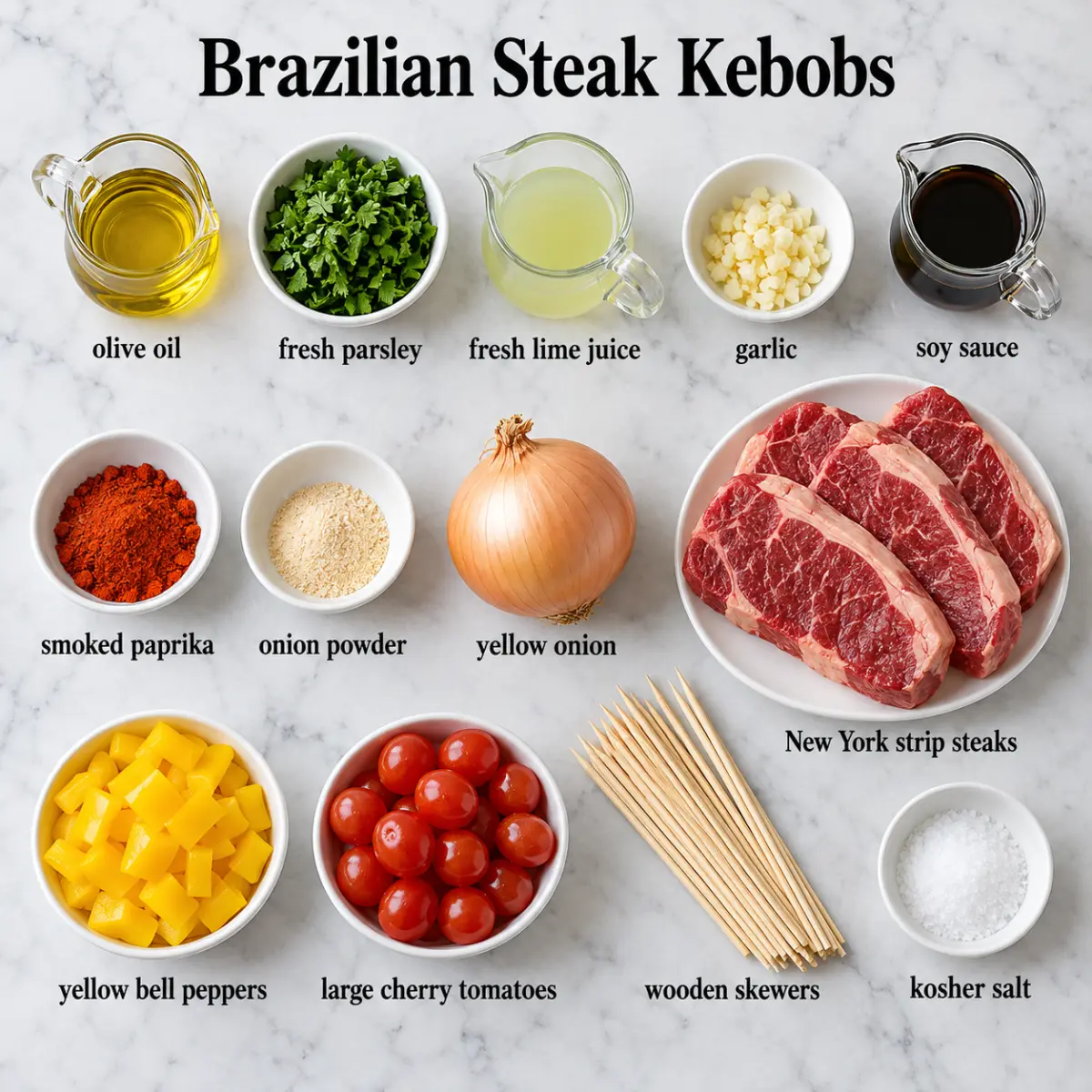 Brazilian Steak Kebobs ingredient card with ingredient names only on gray marble.