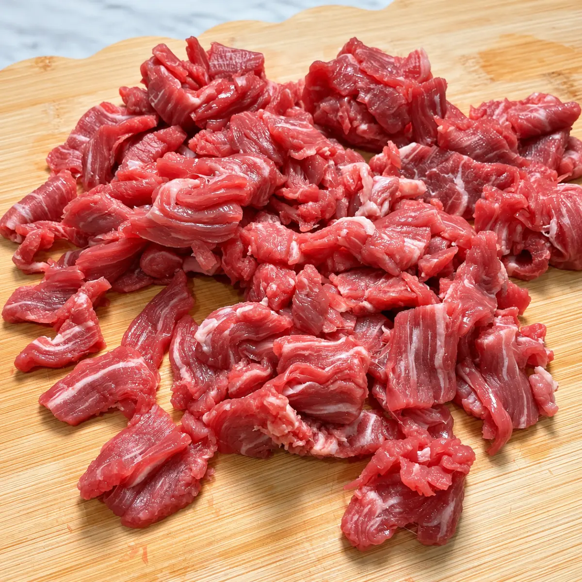 Thin raw beef strips on a wooden cutting board.
