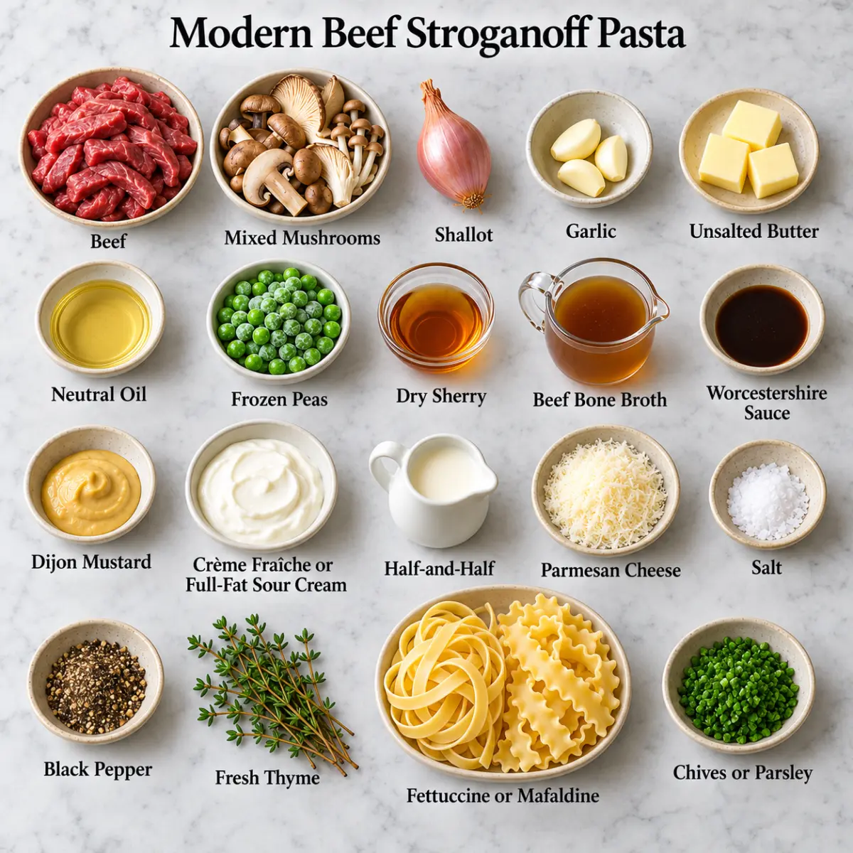 Beef stroganoff pasta on a woven placemat with cutlery, mushrooms, Parmesan and a grater in a modern kitchen.