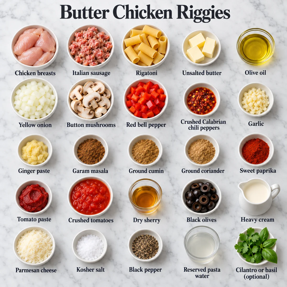 Butter Chicken Riggies ingredient card showing all 25 labeled ingredients on a gray marble background, without quantities.