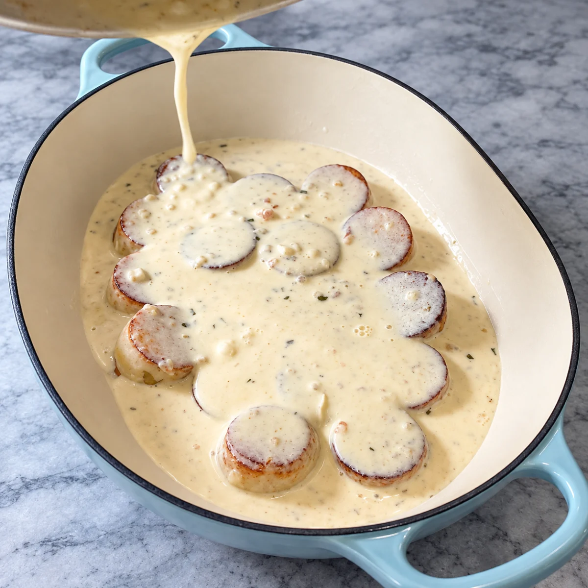 Cream sauce being poured over browned potato cylinders in a pale blue pan.