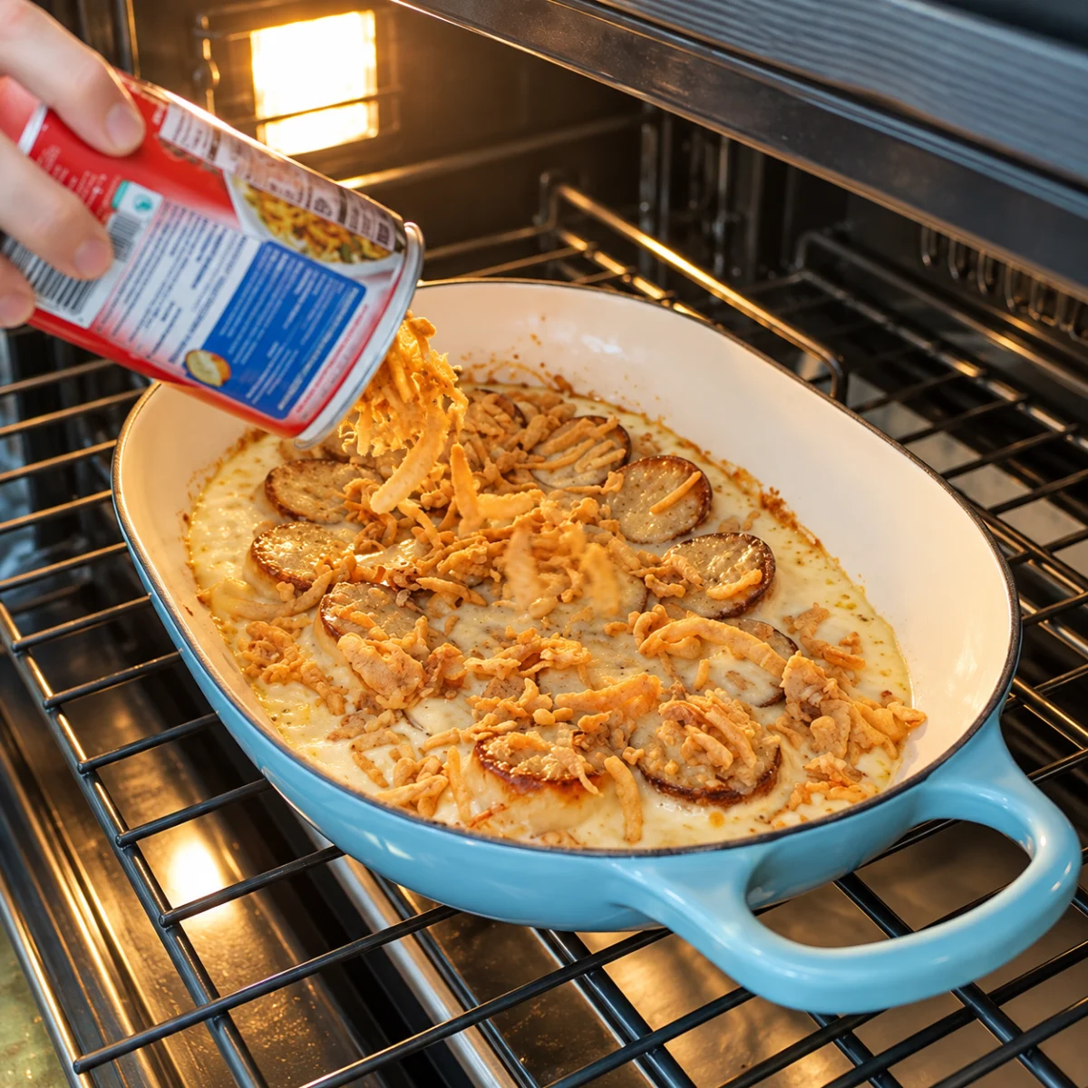 Crispy fried onions being added to creamy potatoes in a pale blue pan in the oven.