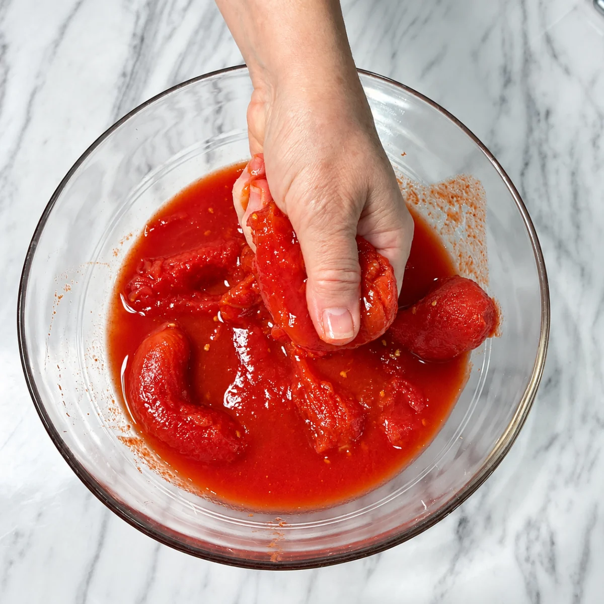 A hand crushing peeled tomatoes in a glass bowl on a marble counter.