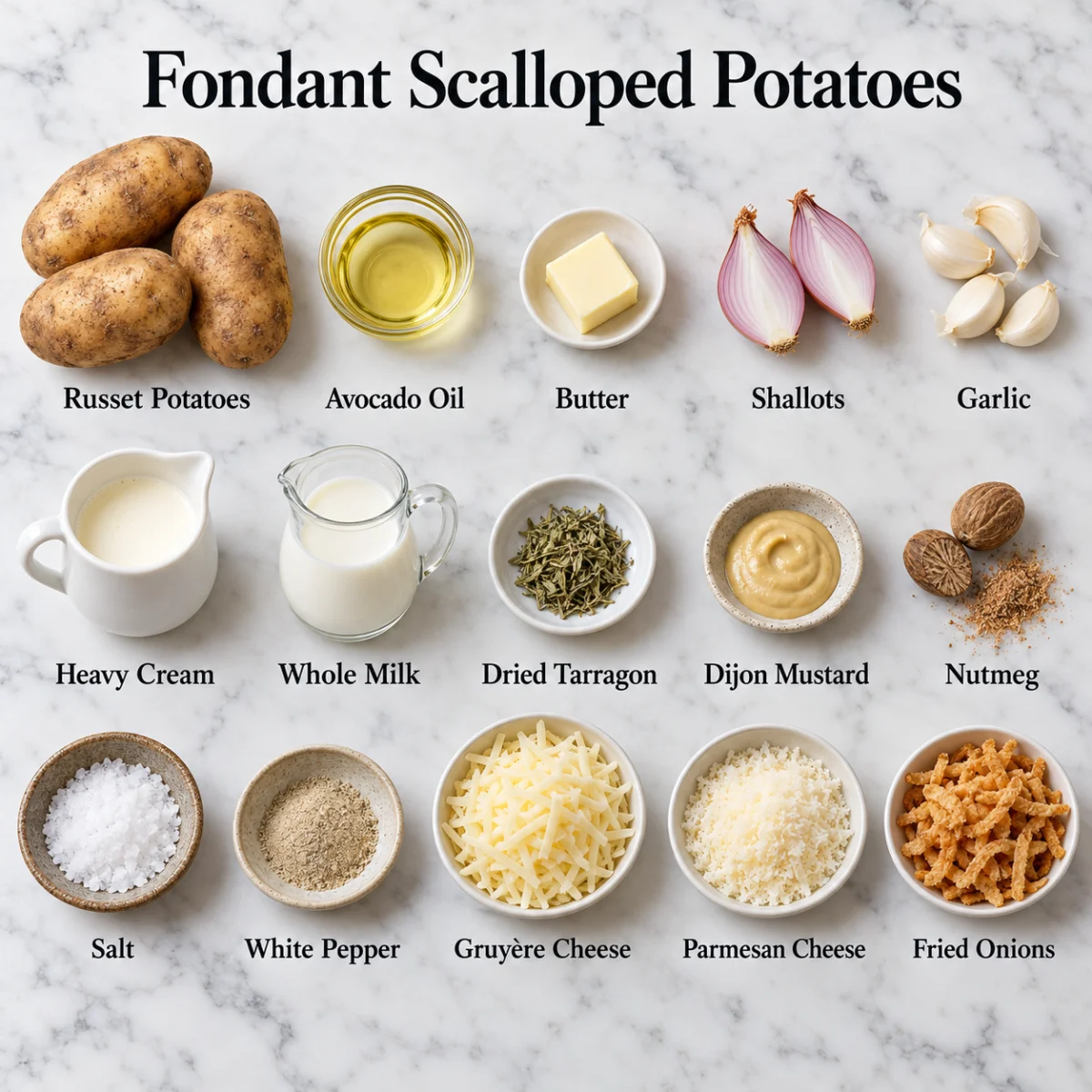 Square ingredient card on gray marble showing the fifteen labeled ingredients for Fondant Scalloped Potatoes, without amounts.